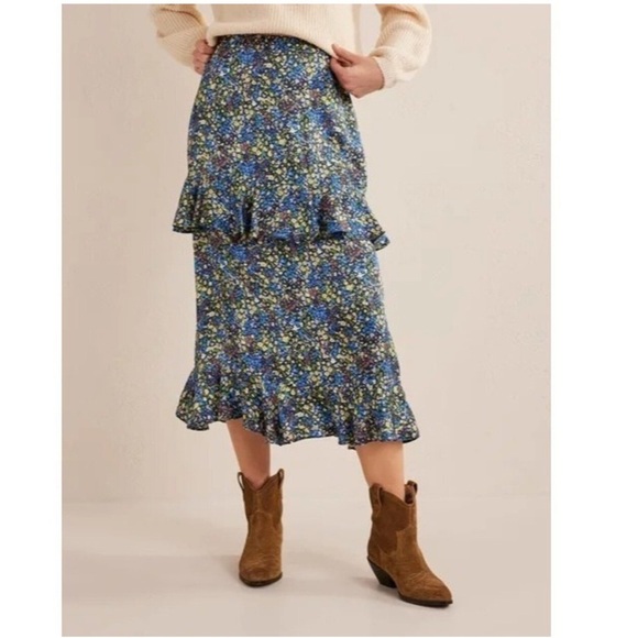 BODEN Satin Ruffle Midi Skirt - Nebulas Blue Floral Print - Picture 3 of 9